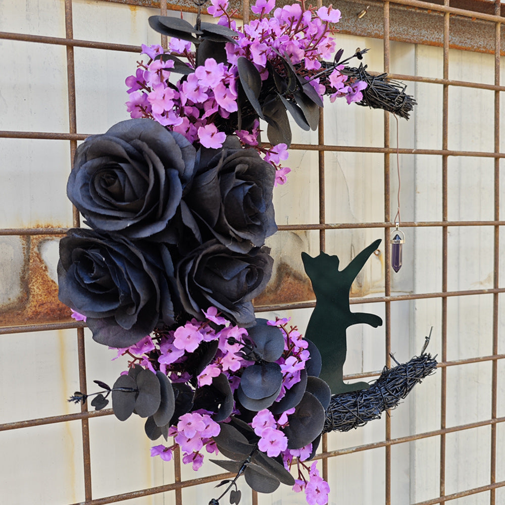 Halloween Moon Cat Wreath Decoration LED Black Rose Dry Branch Artificial Vine Circle Ornament Props
