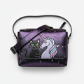 Over-the-shoulder bag with black cat and unicorn design in dark purple and iridescent shimmer