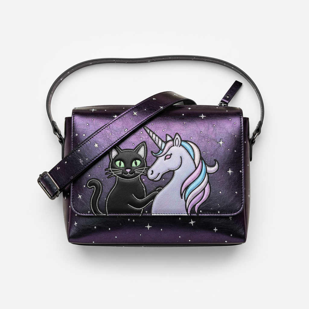 Over-the-shoulder bag with black cat and unicorn design in dark purple and iridescent shimmer