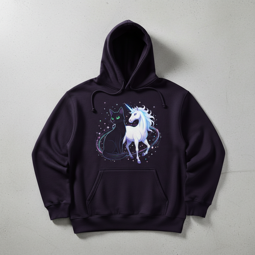 Hoodie with black cat and unicorn design surrounded by stars and mystical sparkles